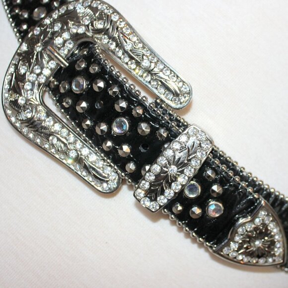 Western Black Bling Cross Belt & Buckle Clear Crystal Accent Genuine Leather SM main image 11